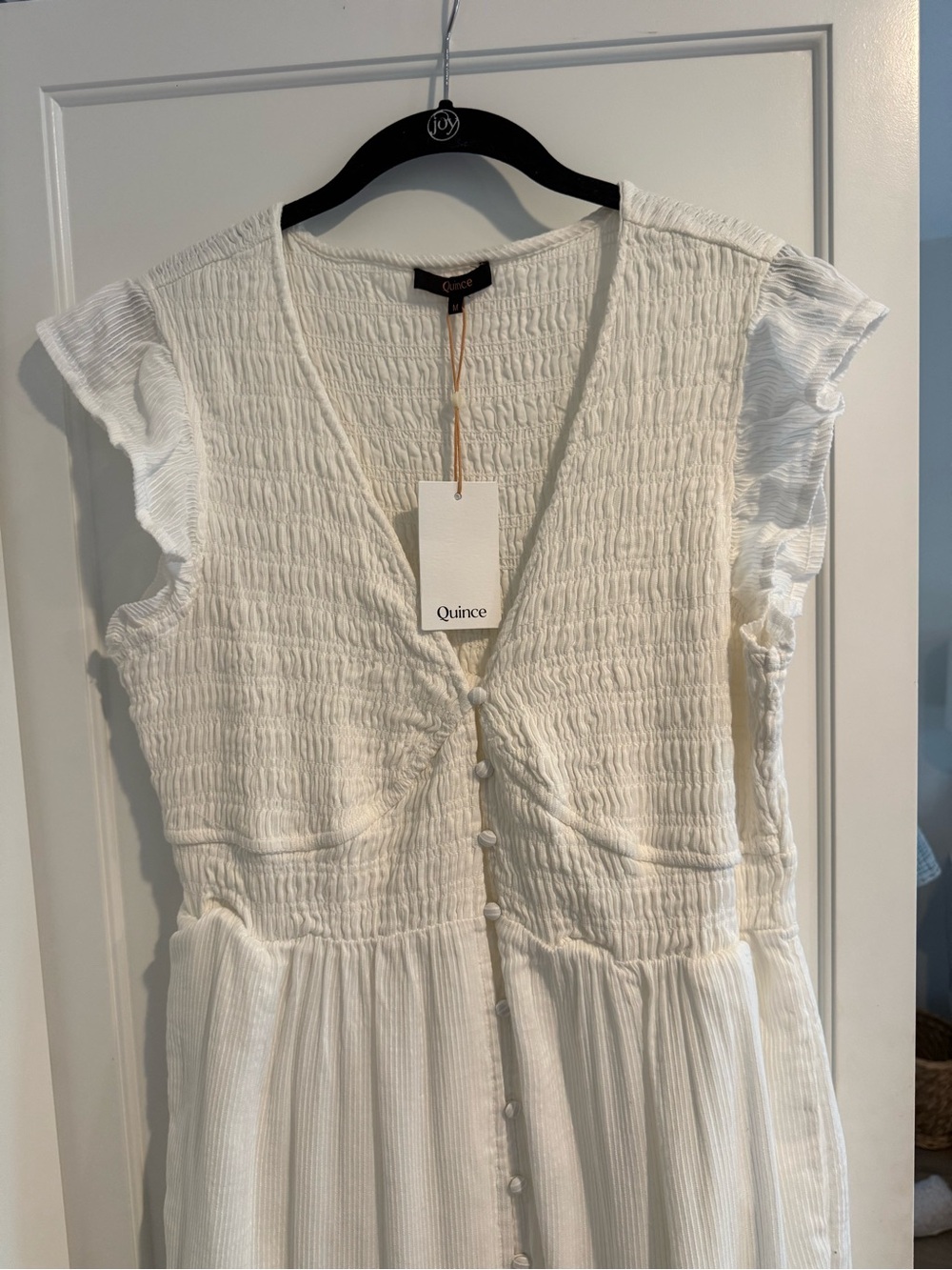 NWT Quince 100% Organic Cotton Smocked V-Neck Midi Dress - Picture 4 of 8